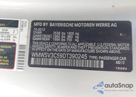 2013 Mini Hardtop Cooper S из США, поврежденный, VIN WMWSV3C59DT390245